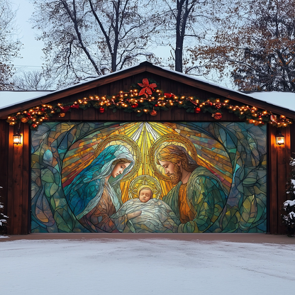 Shineful Garage Door Banner Decoration Holy Nativity Stained Glass