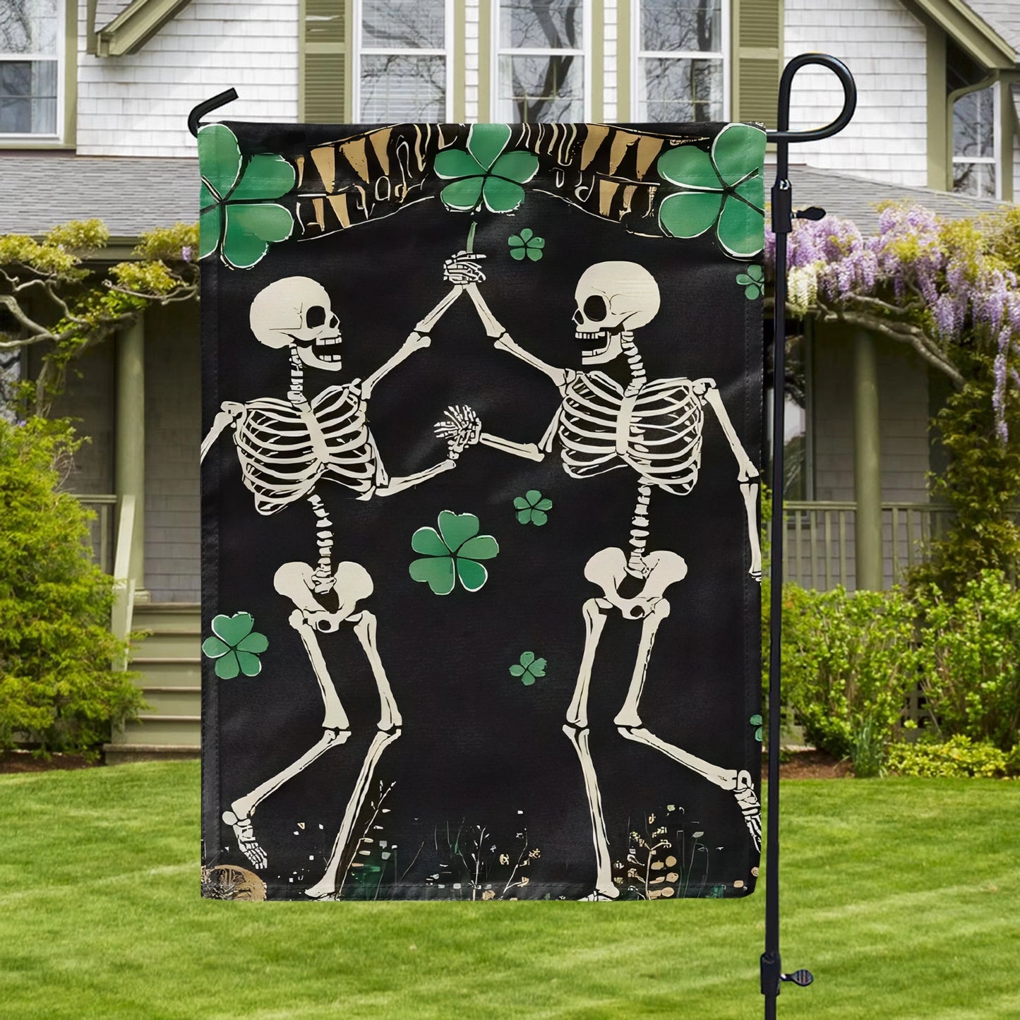 Shineful Gargen Flag 12" x 18" - Shamrock Skeleton Dance