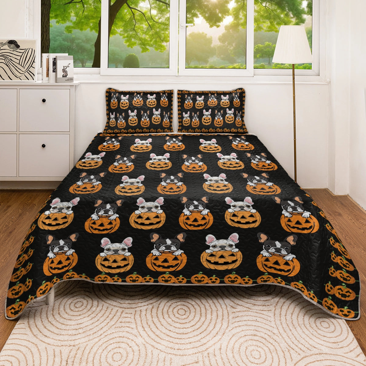 Shineful All Season Quilt 3-Piece Set - Puppy Frenchie Pumpkin