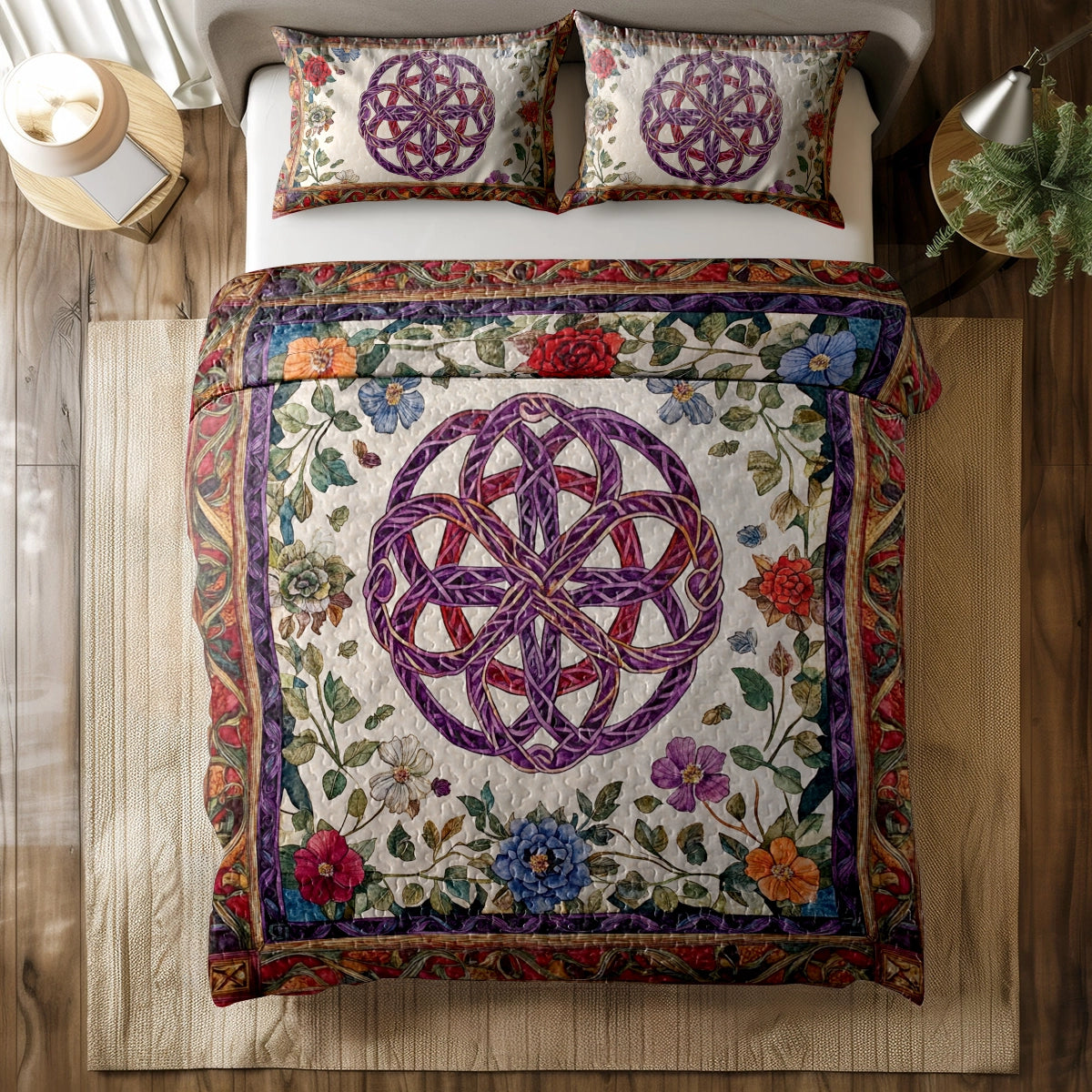 Shineful All Season Quilt 3-Piece Set Floral Celtic Knots