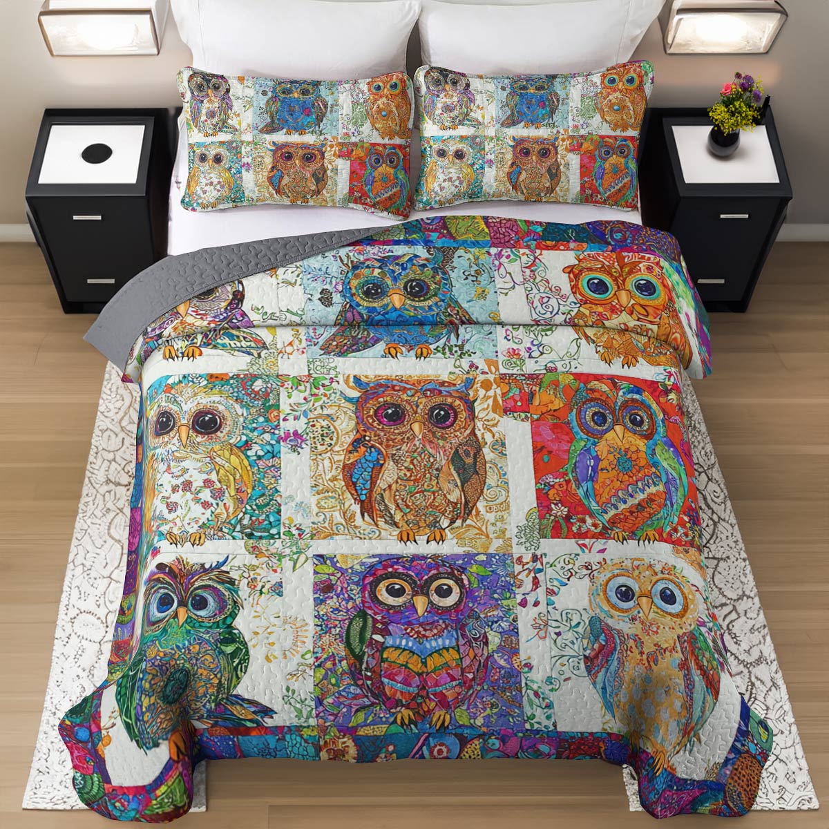 Shineful All Season Quilt 3-Piece Set Owl Damask Pattern