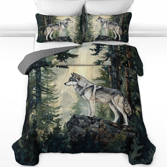 Shineful All Season Quilt 3-Piece Set Majestic Forest Wolf