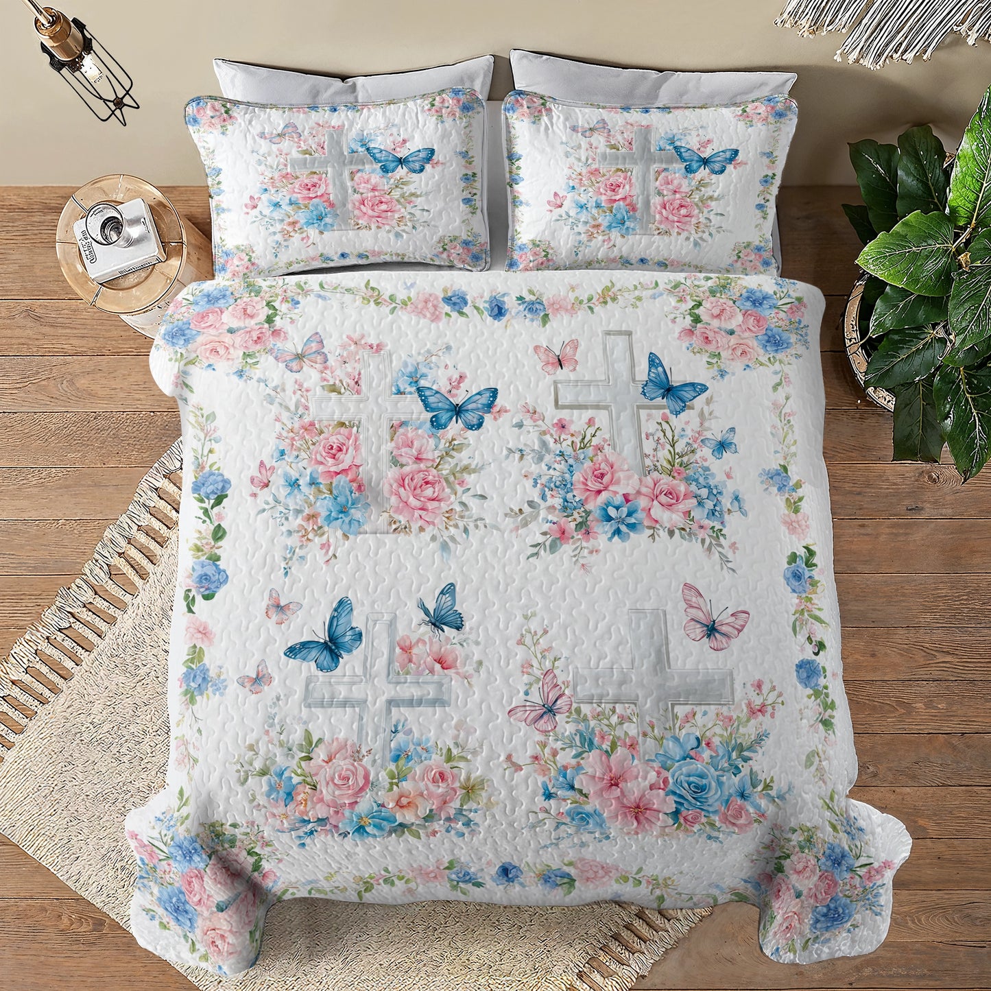 Shineful All Season Quilt 3-Piece Set - God Faith Flower Butterfly