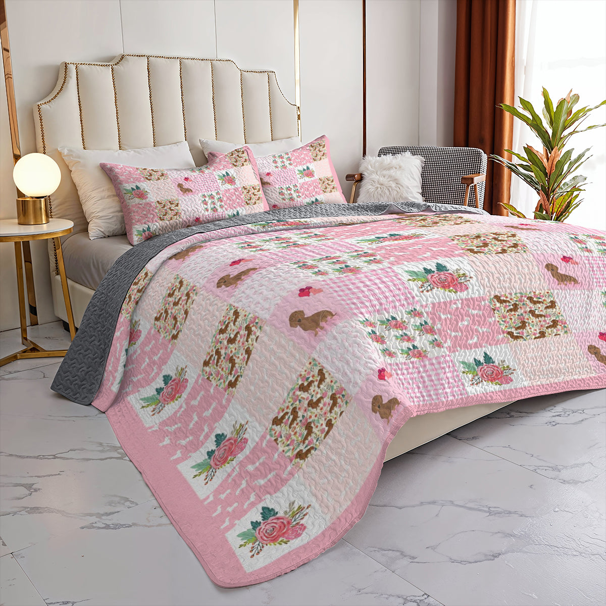 Shineful All Season Quilt 3-Piece Set Pink Patchwork Puppy