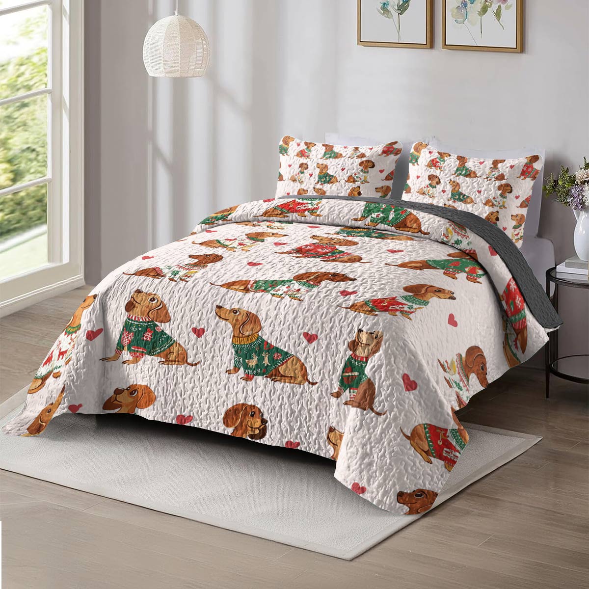 Shineful All Season Quilt 3-Piece Set - Festive Dachshund Sweater Delight