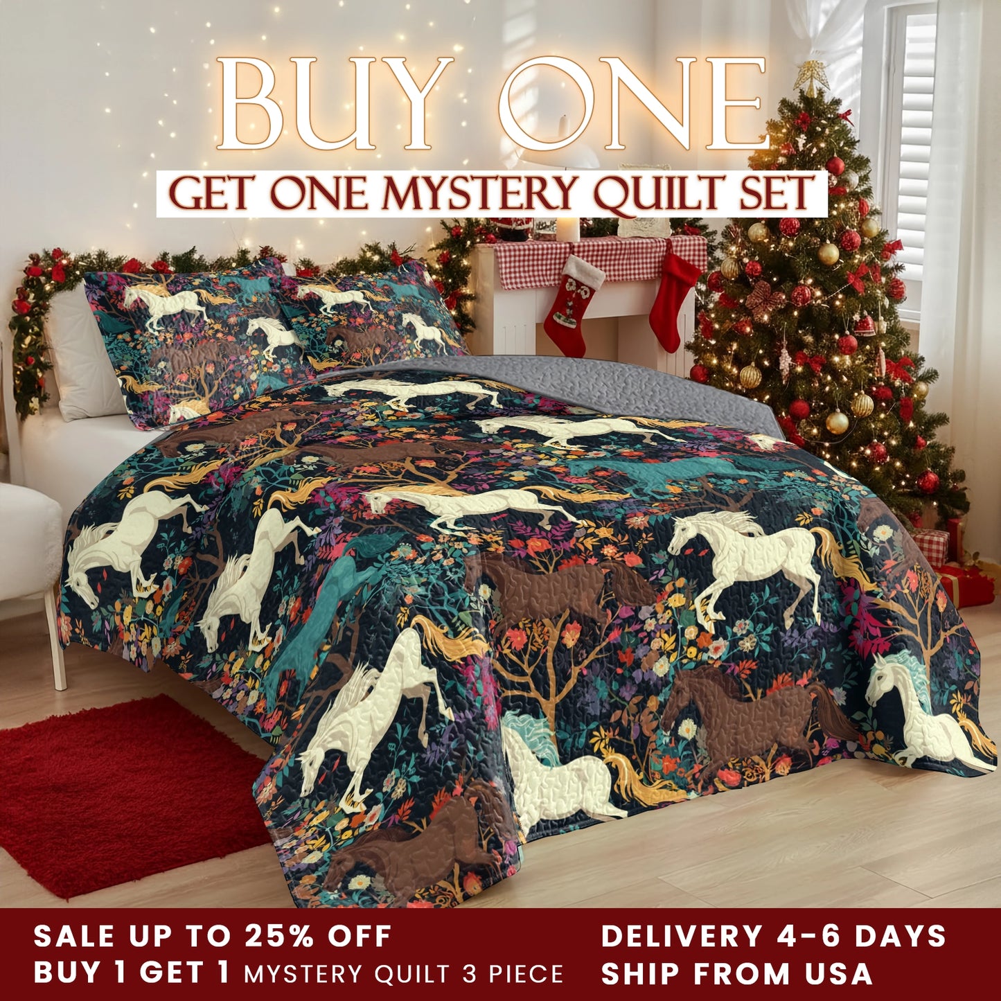 Shineful Quilt 3-Piece Set Horse Flower