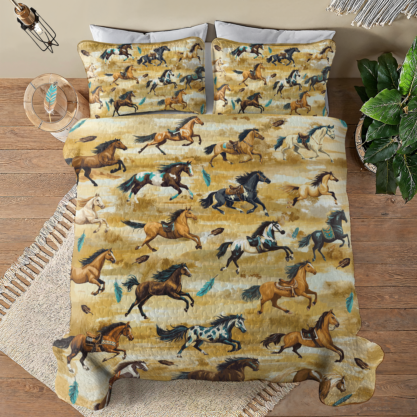 Shineful All Season Quilt 3-Piece Set Galloping Tribal Steeds