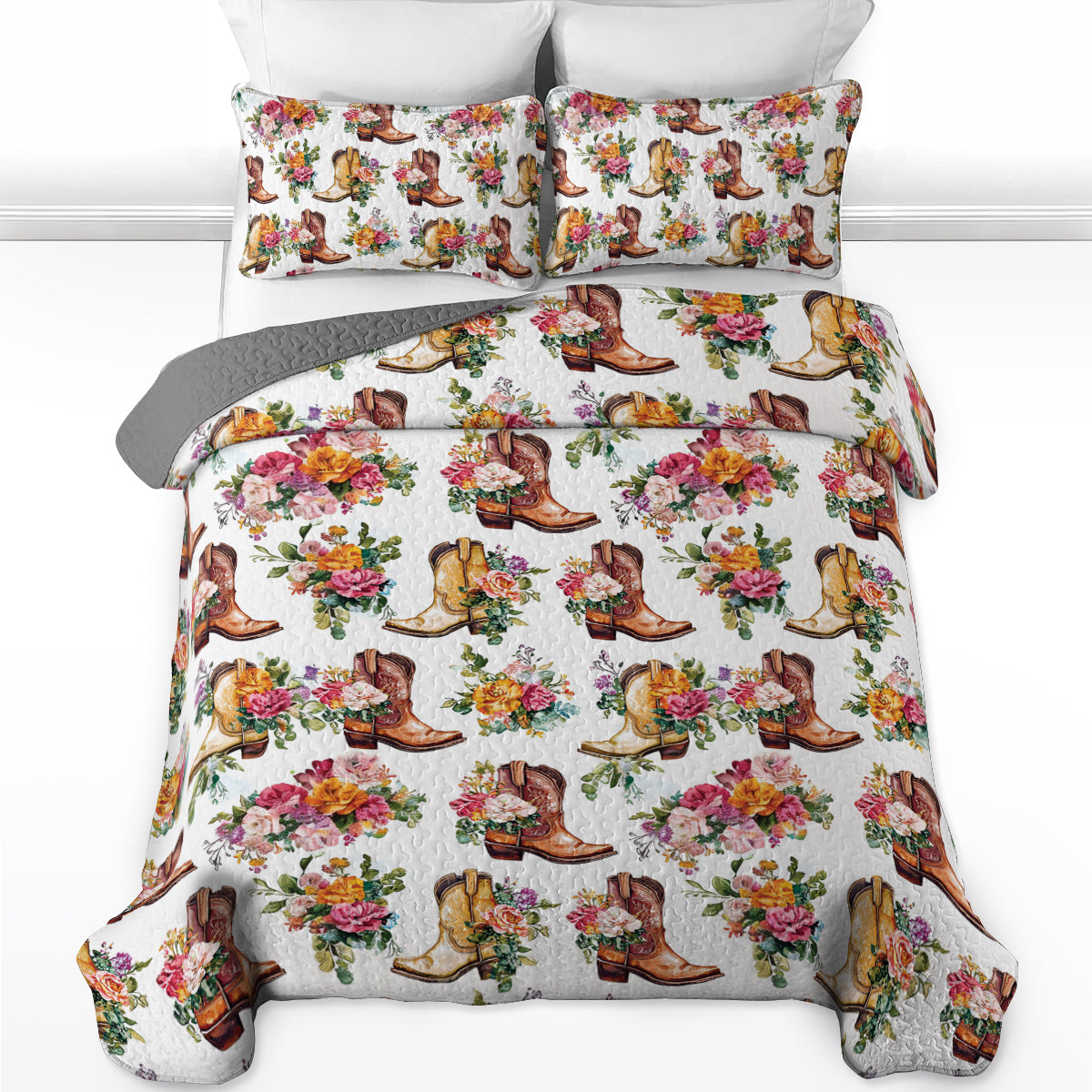 Shineful All Season Quilt 3-Piece Set Blooming Wildflower Cowboy Boots