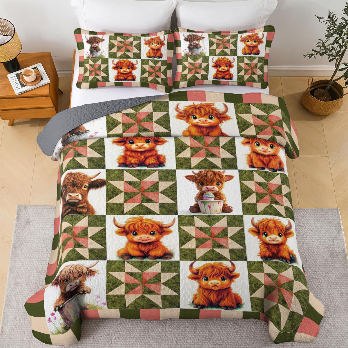Shineful All Season Quilt 3-Piece Set Cute Highland Cow
