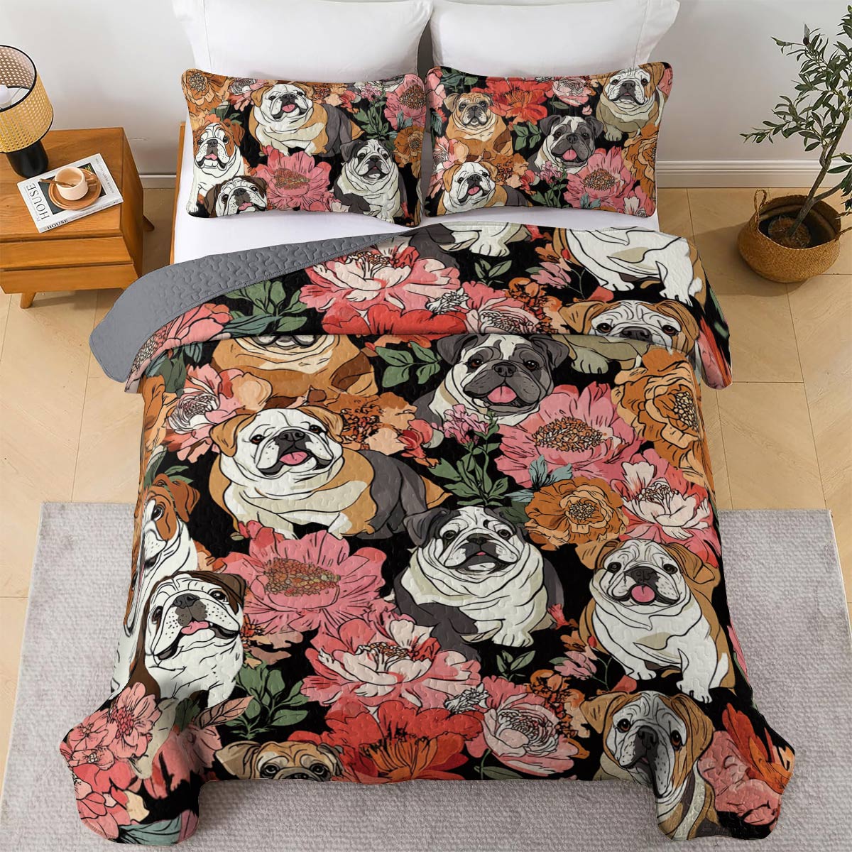 Shineful All Season Quilt 3-Piece Set Blooming Bulldogs