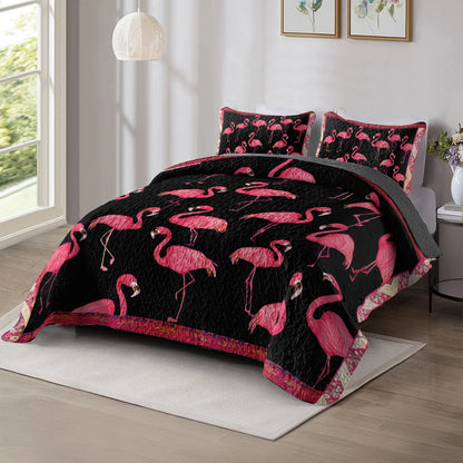 Shineful All Season Quilt 3-Piece Set - Black & Pink Flamingo Chic