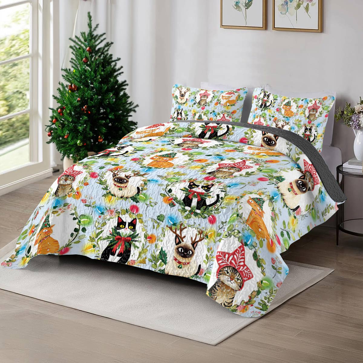 Shineful All Season Quilt 3-Piece Set Cat Christmas Collection