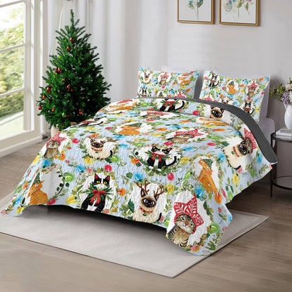 Shineful All Season Quilt 3-Piece Set Cat Christmas Collection