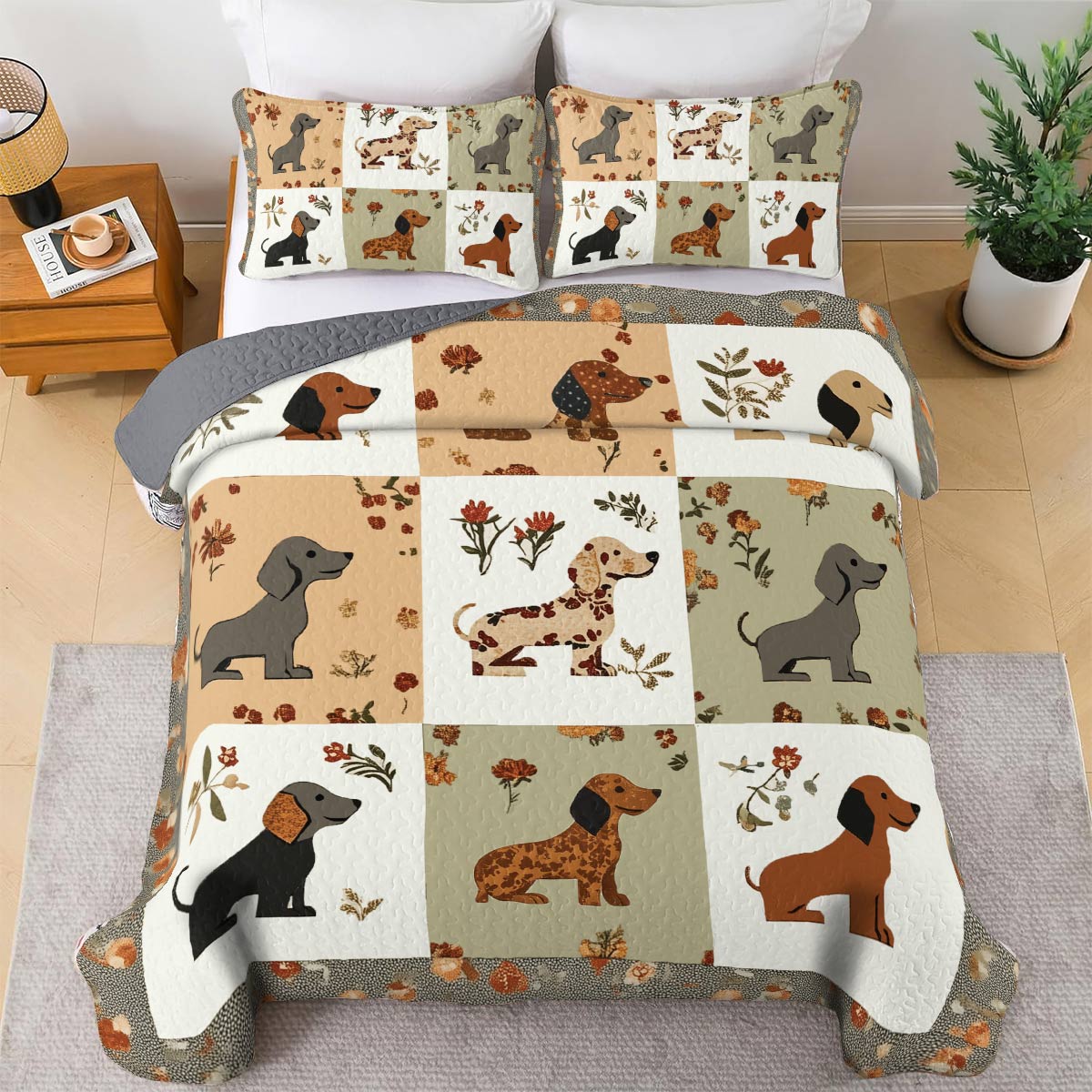Shineful All Season Quilt 3-Piece Set - Vintage Floral Dachshund