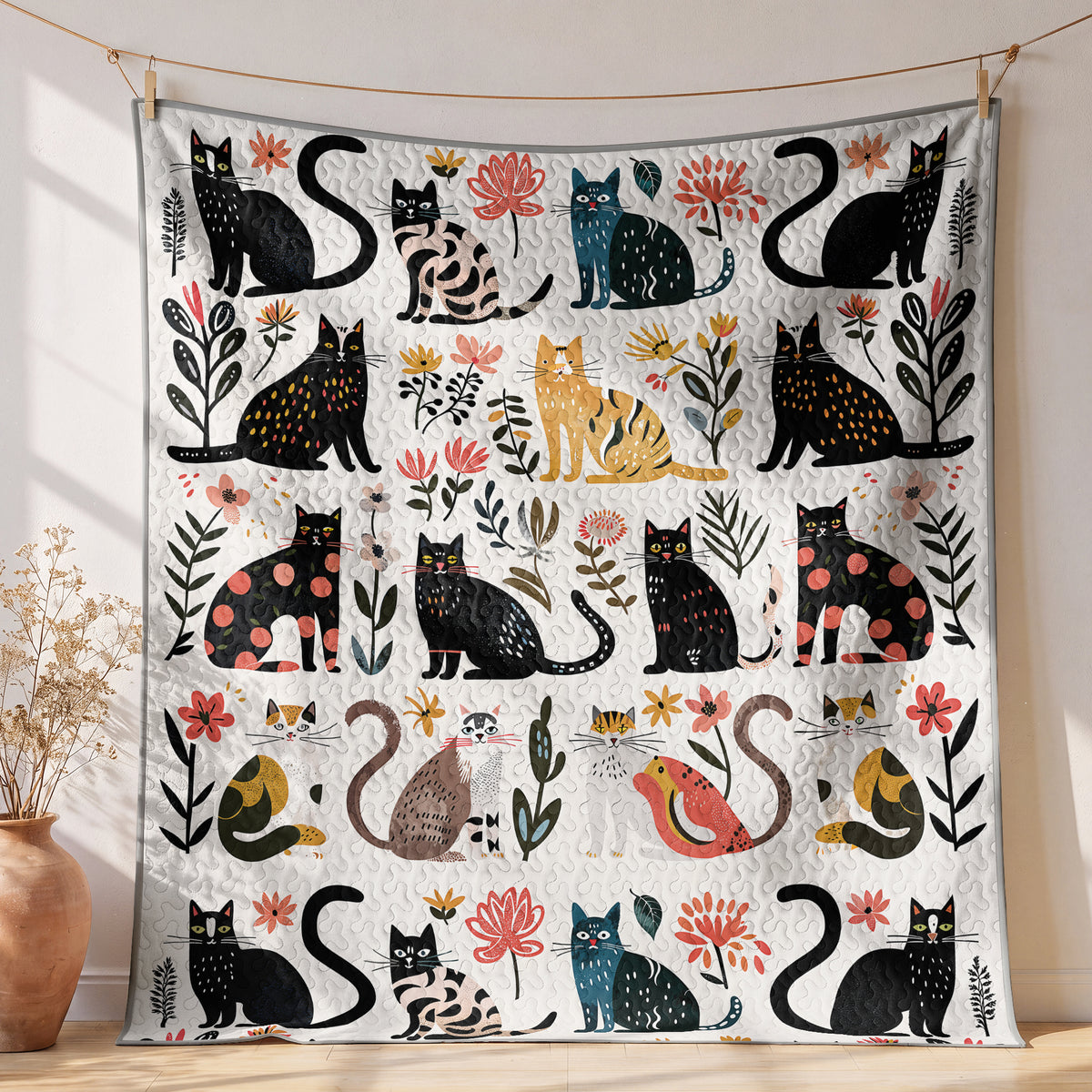 Shineful All Season Quilt 3-Piece Set Botanical Cat Bliss