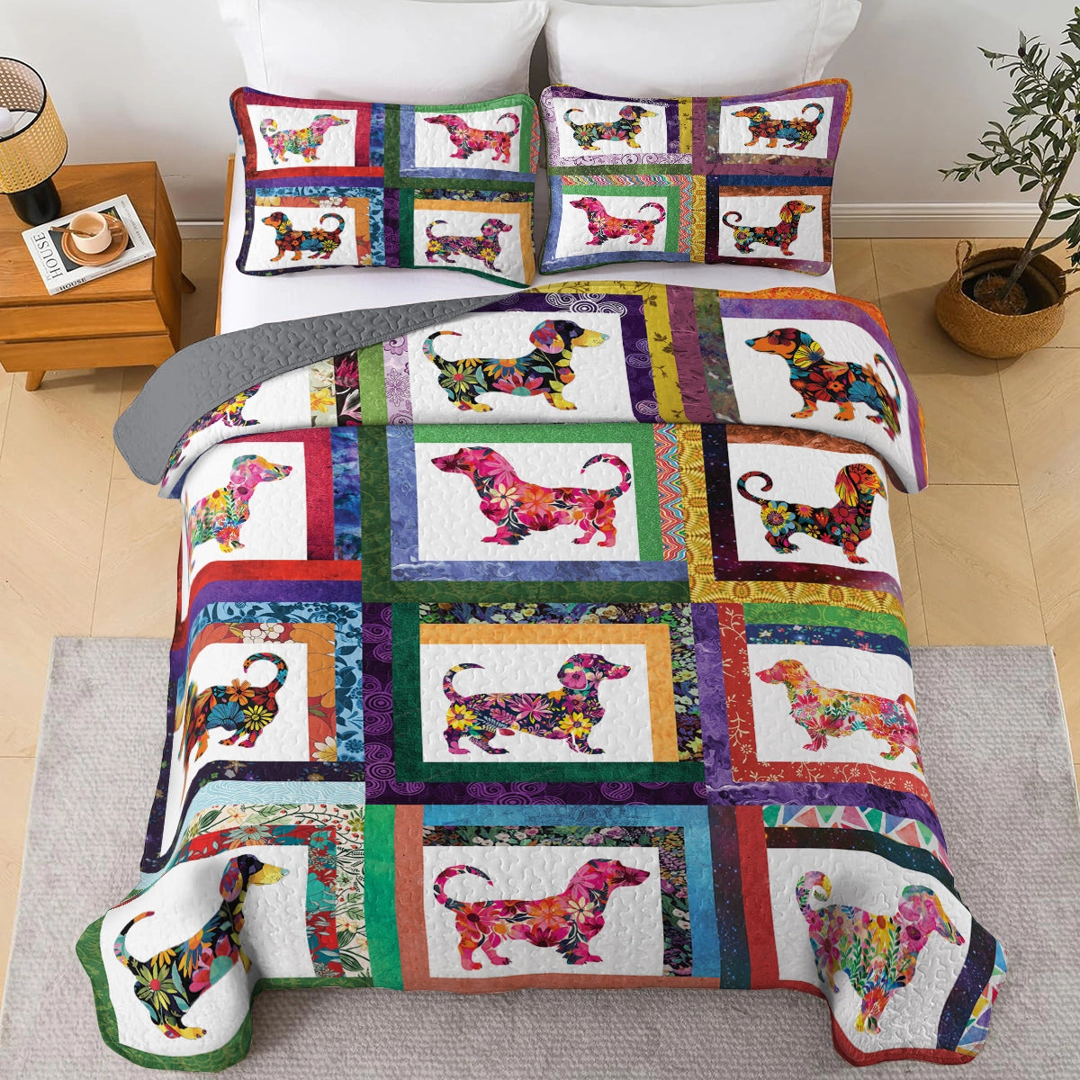 Shineful All Season Quilt 3-Piece Set Colorful Dachshund Delight