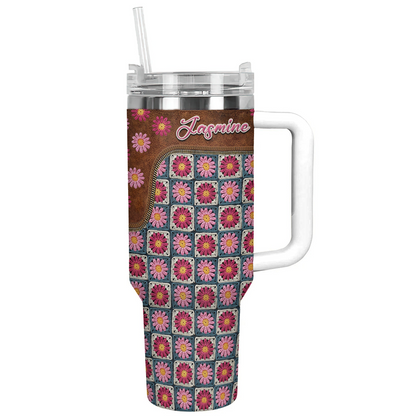 Shineful Personalized Tumbler Pink Flower Granny Squares