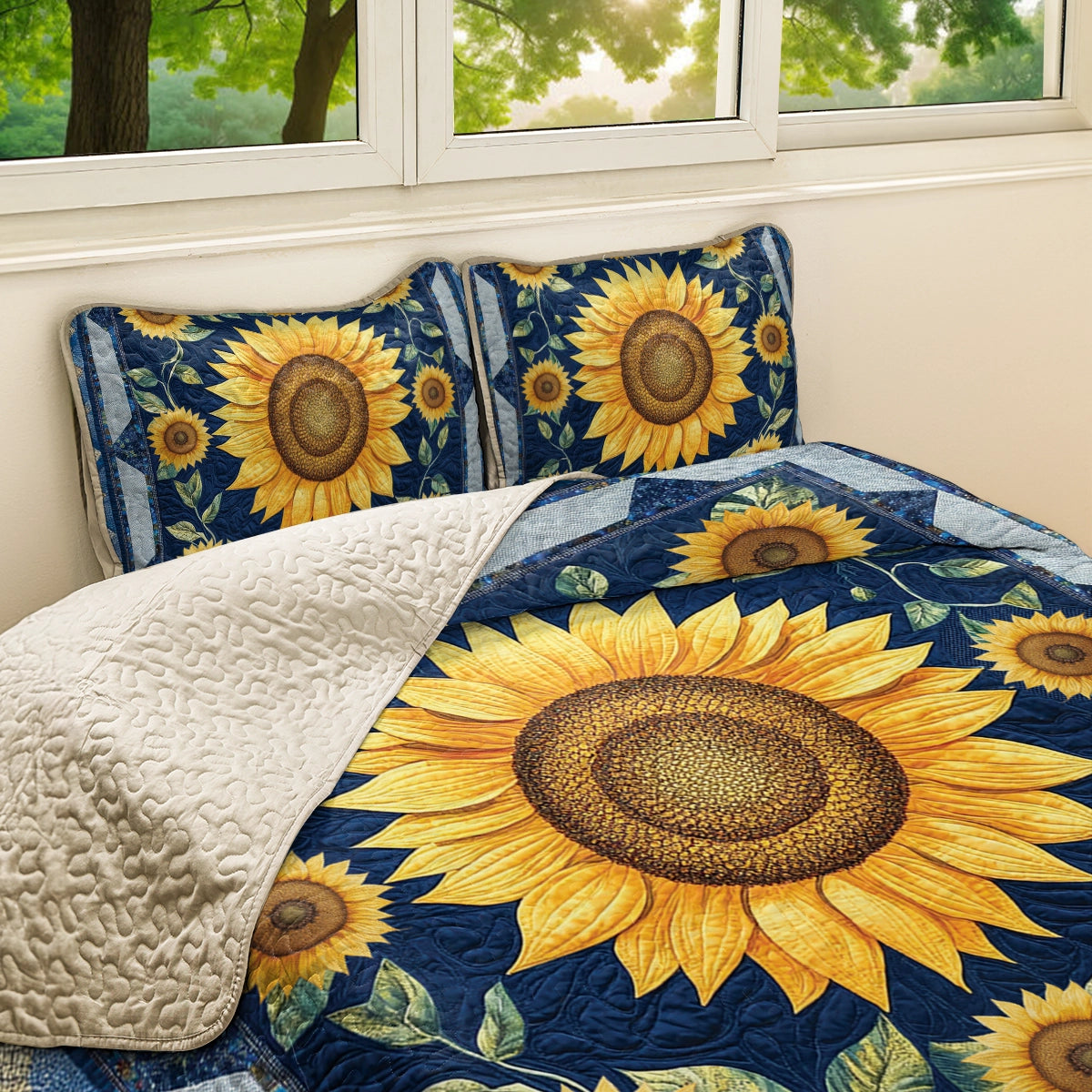 Shineful All Season Flat Print Quilt 3-Piece Set - Sunflower Bloom