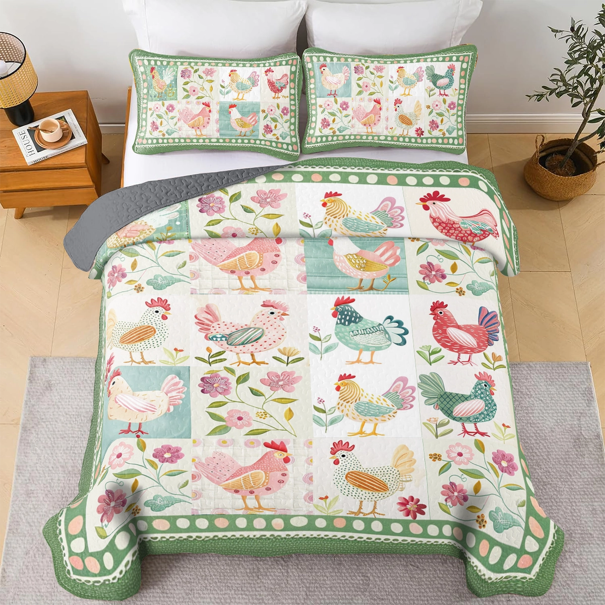 Shineful All Season Quilt 3-Piece Set Chicken Springtime Hens