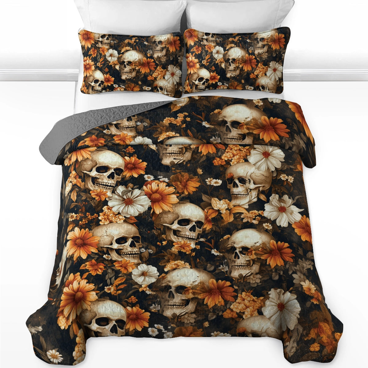 Shineful All Season Quilt 3-Piece Set Skull Memento Floral