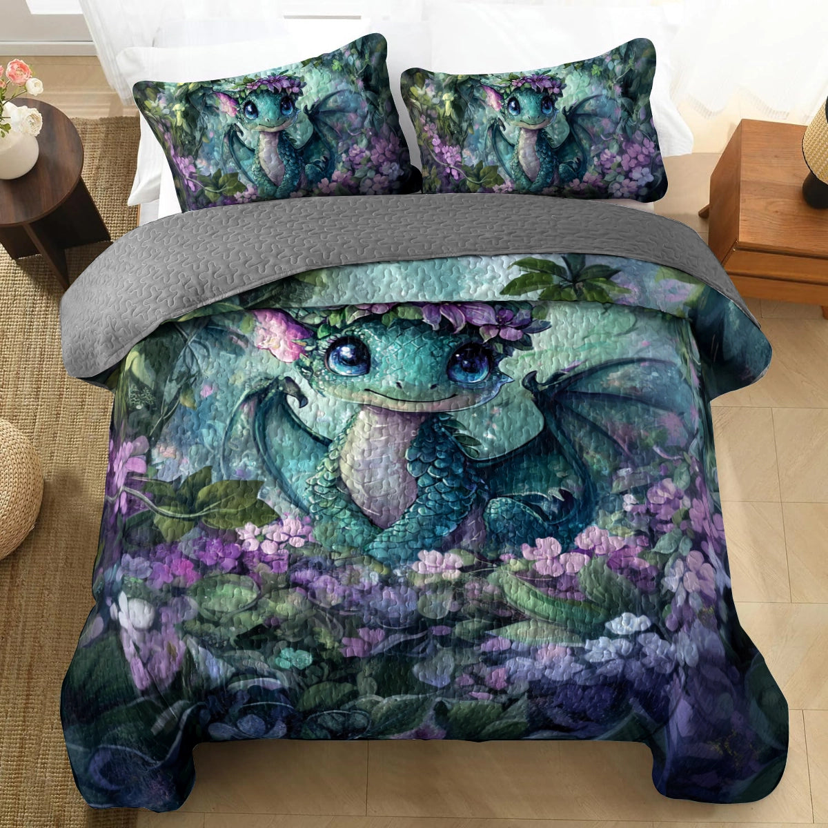 Shineful All Season Quilt 3-Piece Set - Whimsical Woodland Dragon