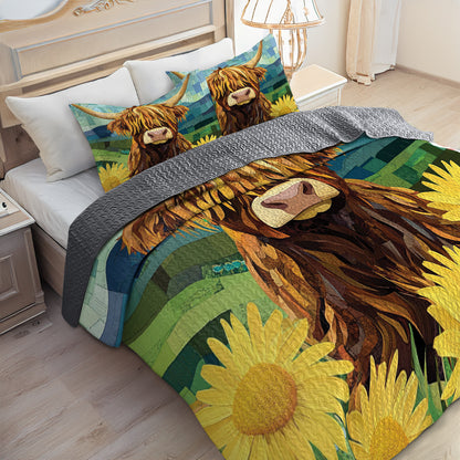Shineful All Season Quilt 3-Piece Set Highland Cow On Green Field