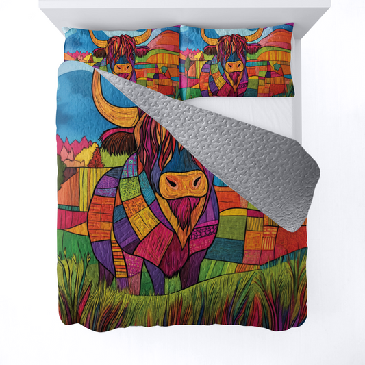 Shineful All Season Quilt 3-Piece Set - Vibrant Highland Cow