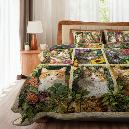 Shineful All Season Quilt 3-Piece Set Garden Whiskers Cat