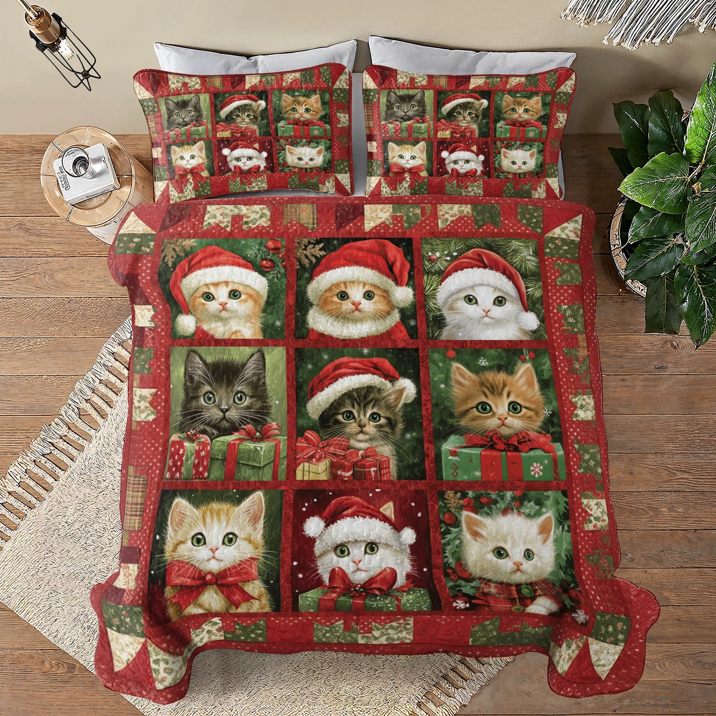 Shineful All Season Quilt 3-Piece Set Christmas Kitty Joy