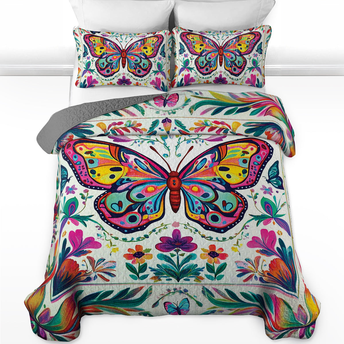 Shineful All Season Quilt 3-Piece Set - Vibrant Garden Butterfly