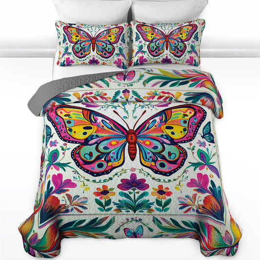 Shineful All Season Quilt 3-Piece Set - Vibrant Garden Butterfly