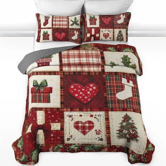 Shineful All Season Quilt 3-Piece Set Festive Heart Patchwork