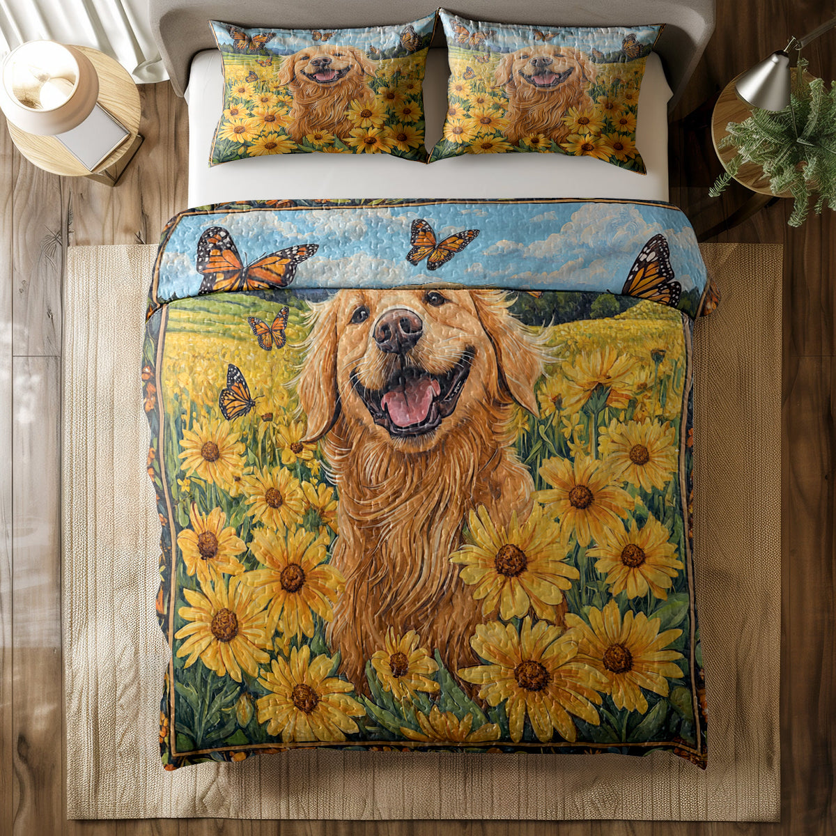 Shineful All Season Quilt 3-Piece Set Happy Golden Retriever In Flower Field