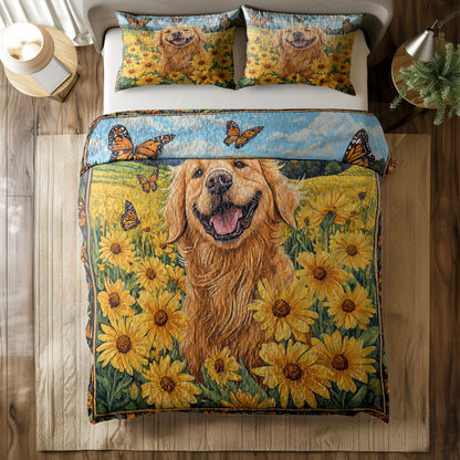 Shineful All Season Quilt 3-Piece Set Happy Golden Retriever In Flower Field