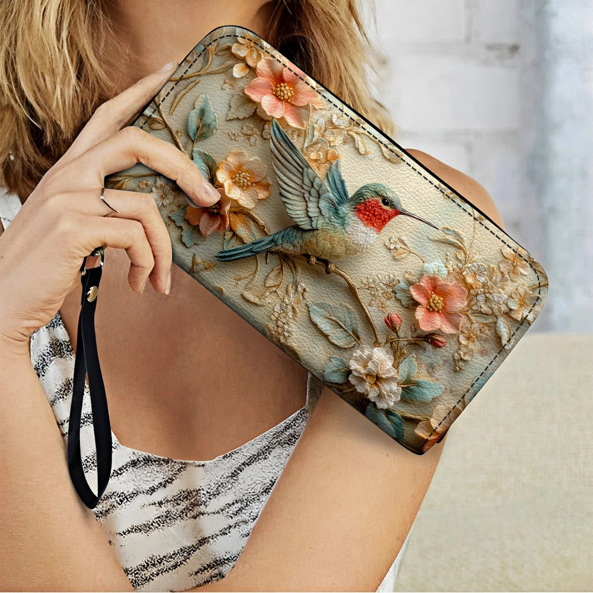 Shineful Leather Clutch Purse With Wristlet Strap Handle Hummingbird Whisper