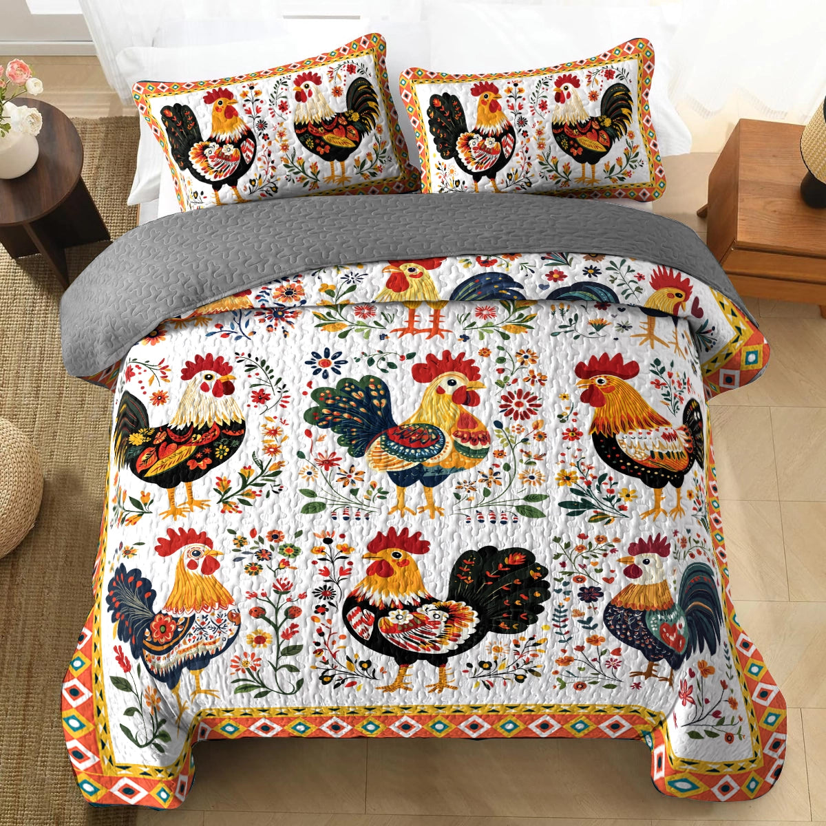 Shineful All Season Quilt 3-Piece Set Folk Art Roosters