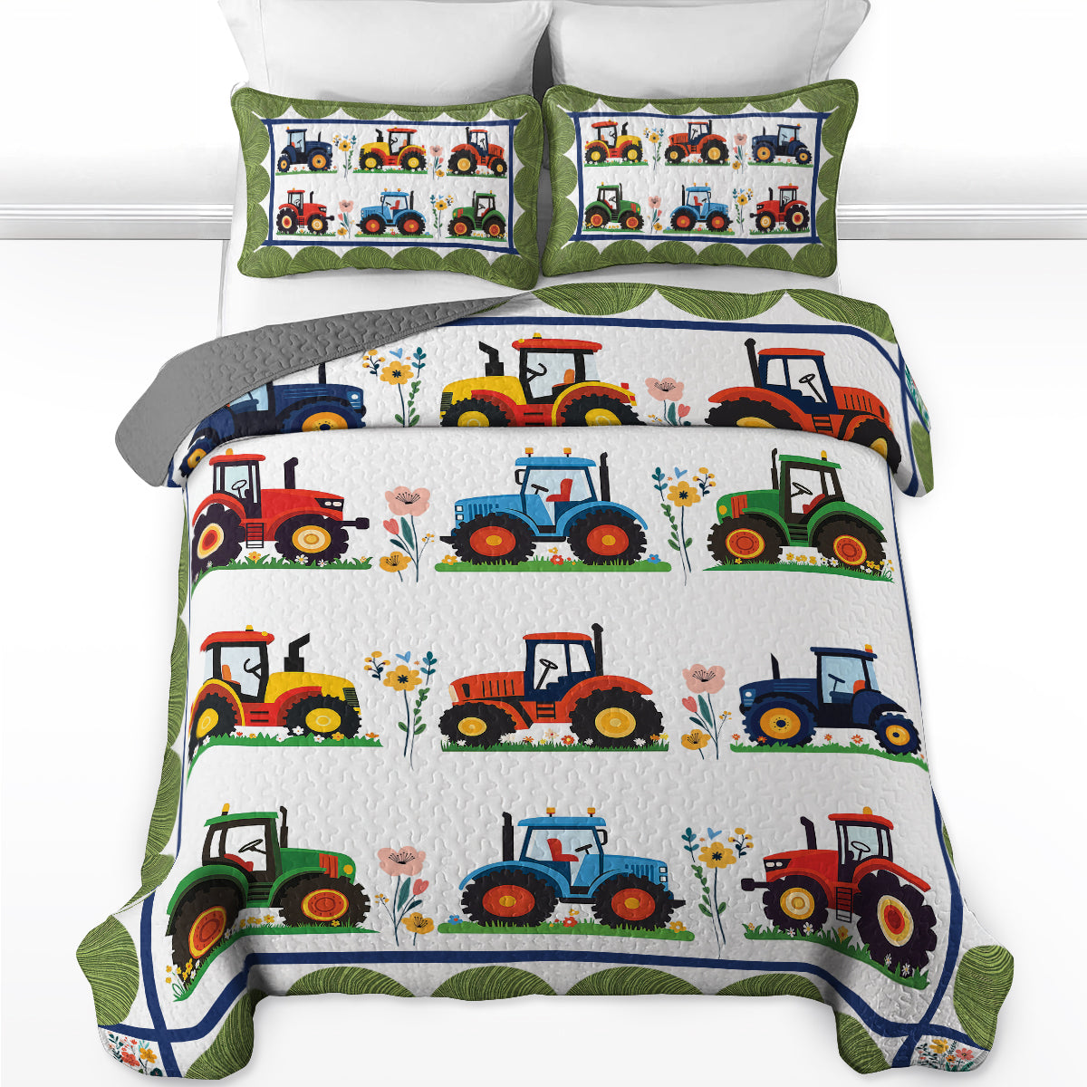 Shineful All Season Quilt 3-Piece Set - Tractors On The Floral Farm