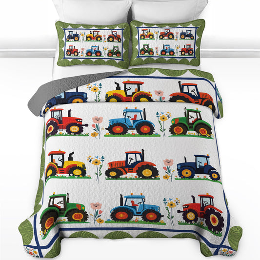 Shineful All Season Quilt 3-Piece Set - Tractors On The Floral Farm