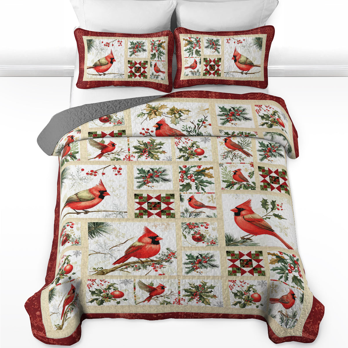 Shineful All Season Quilt 3-Piece Set Cardinal Winter Christmas