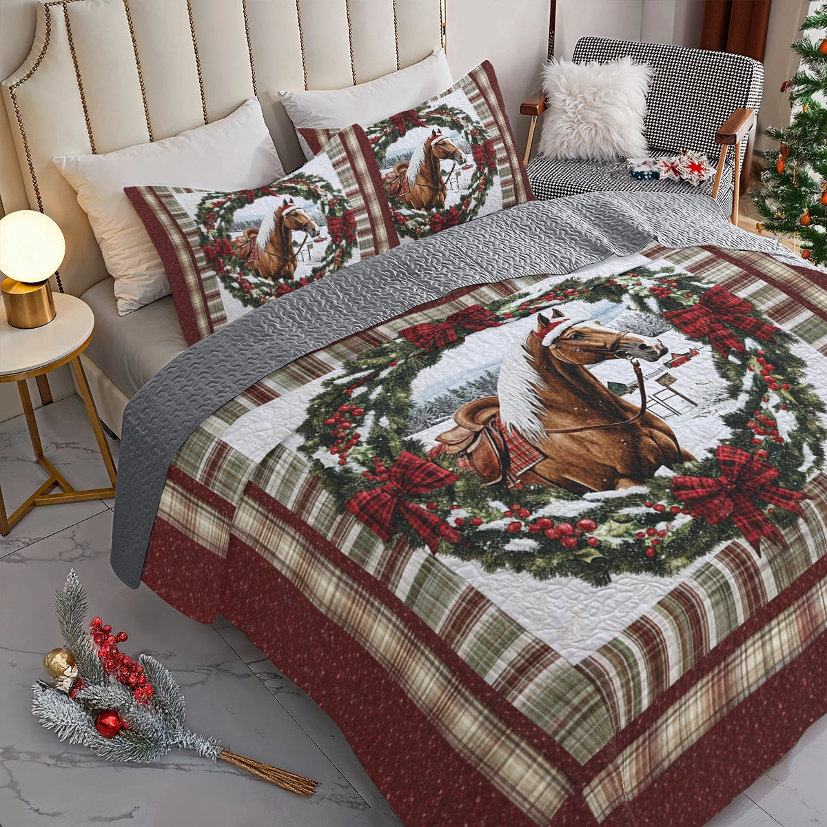 Shineful All Season Quilt 3-Piece Set Winter's Equestrian Elegance