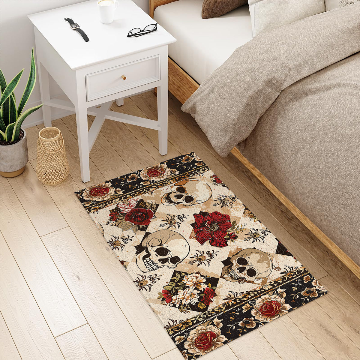 Shineful Elegent Skull Roses Ultra-Thin Non Skid Floor Mat, Kitchen Rugs