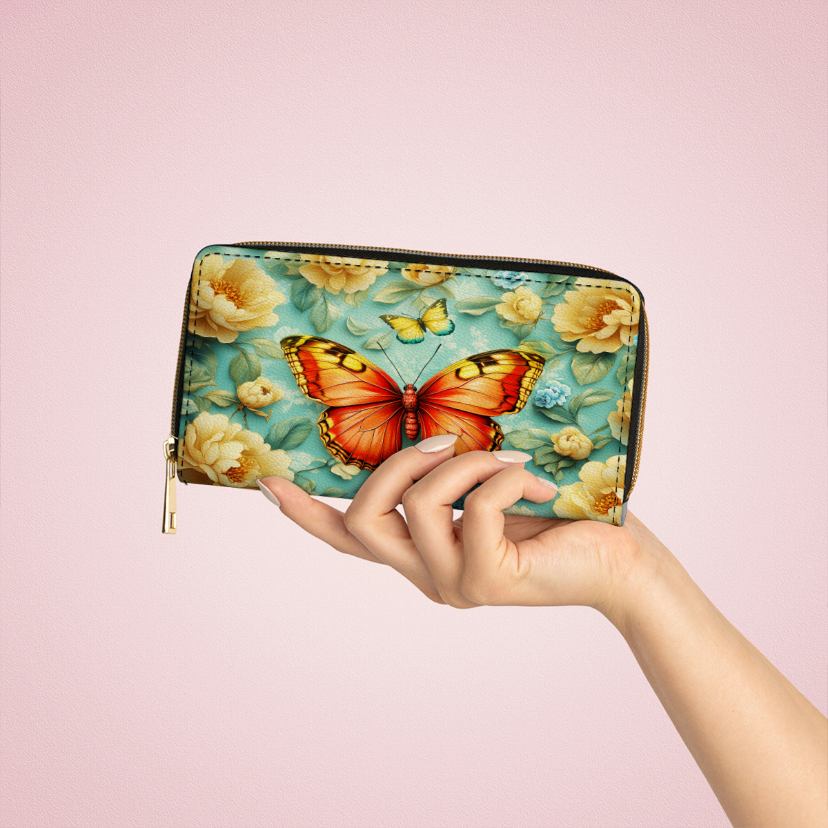 Shineful Leather Clutch Purse With Wristlet Strap Handle Radiant Summer Butterfly