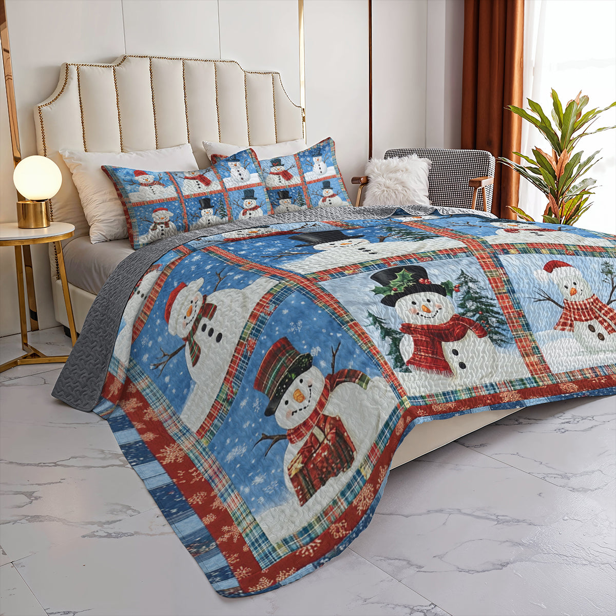 Shineful All Season Quilt 3-Piece Set Snowman Patchwork