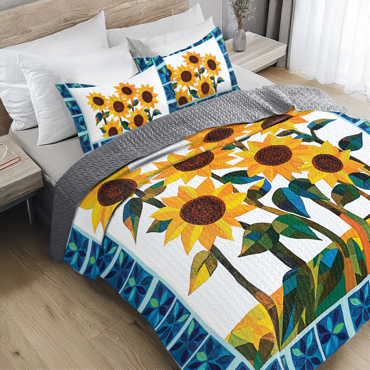 Shineful All Season Quilt 3-Piece Set - Beautiful Sunflower Garden