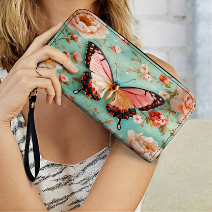 Shineful Leather Clutch Purse With Wristlet Strap Handle Ethereal Spring Butterfly