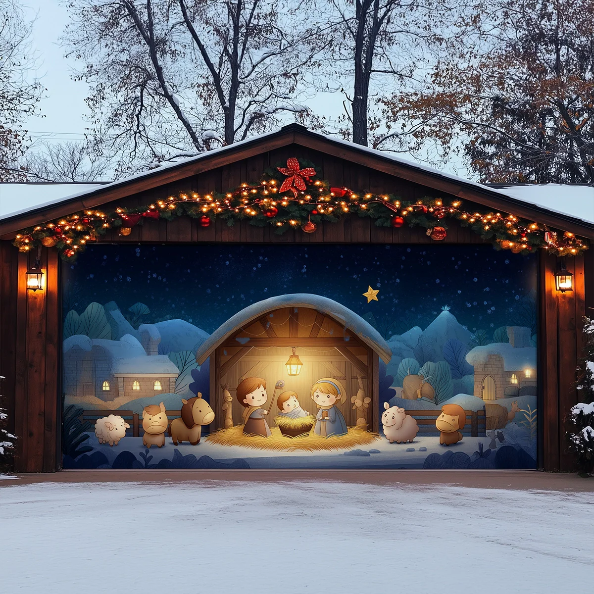 Shineful Garage Door Banner Decoration Holy Family Cartoon Nativity