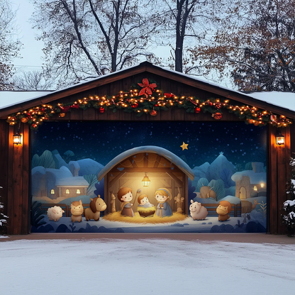 Shineful Garage Door Banner Decoration Holy Family Cartoon Nativity