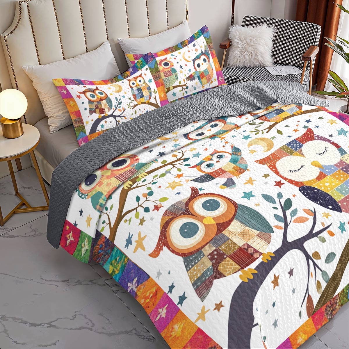 Shineful All Season Quilt 3-Piece Set Owl Patchwork