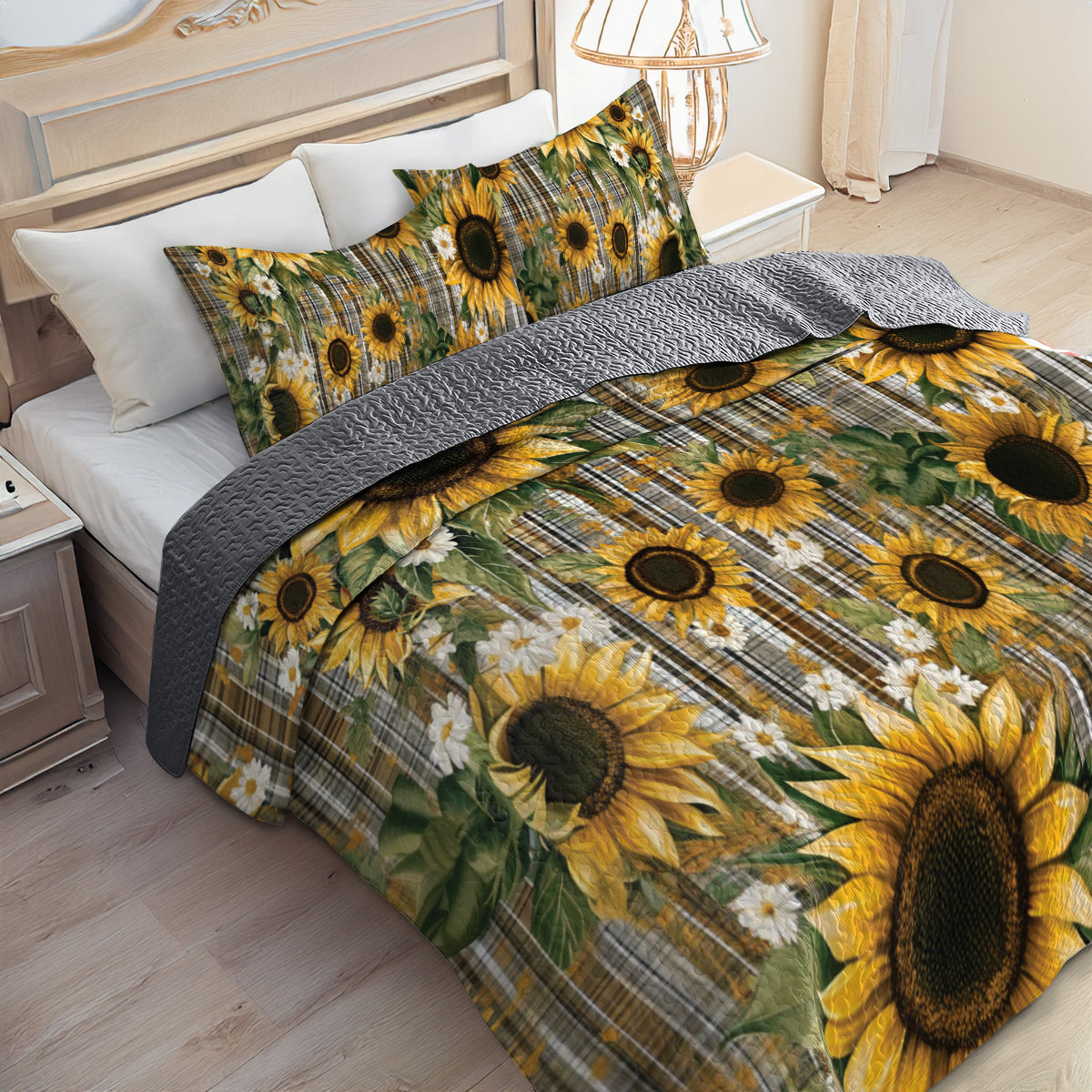 Shineful All Season Quilt 3-Piece Set Sunflower Plaid