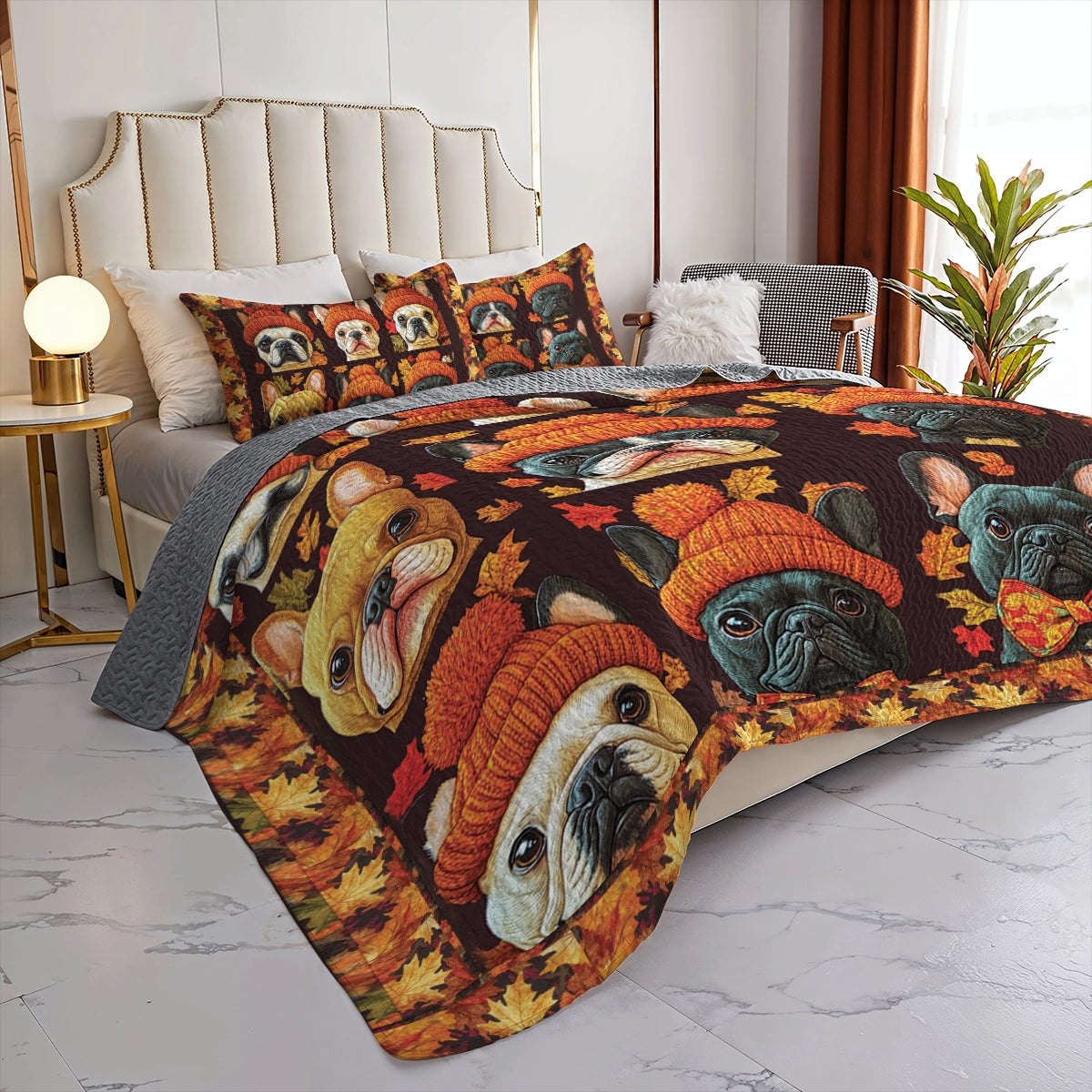Shineful All Season Quilt 3-Piece Set - French Bulldog Fall Foliage